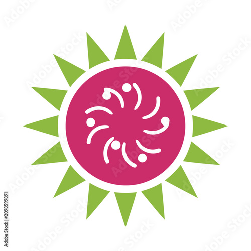 Abstract sun shape with green rays and pink center