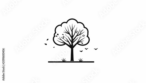 Tree with leaves and birds flying.
