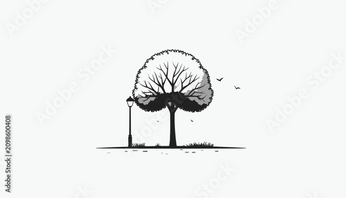 Tree Silhouette with Birds Flying Away.