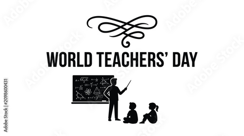 Black silhouette illustration of a teacher instructing two young students in front of a blackboard