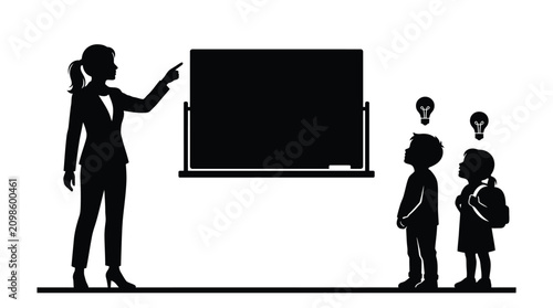 Professional female teacher pointing at a blackboard while two students look on with bright ideas