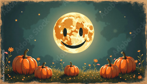 Smiling moon above pumpkins in a colorful Halloween night scene