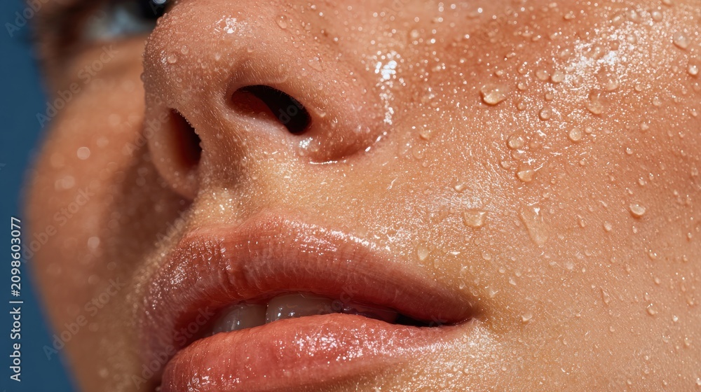 Fototapeta premium Close-up of a woman's face, covered in sweat droplets