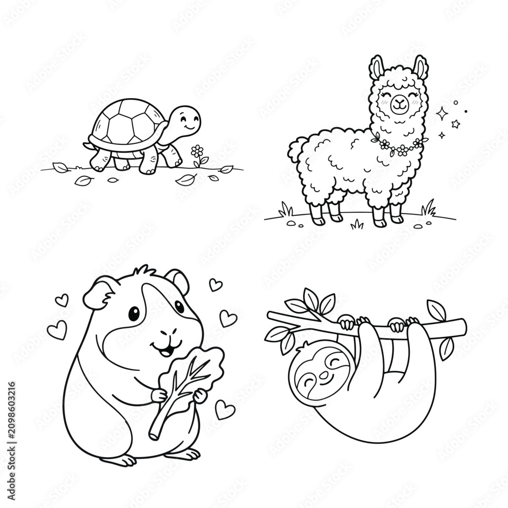 Fototapeta premium Cute cartoon animals illustrations of turtle llama hamster and sloth in simple line art style