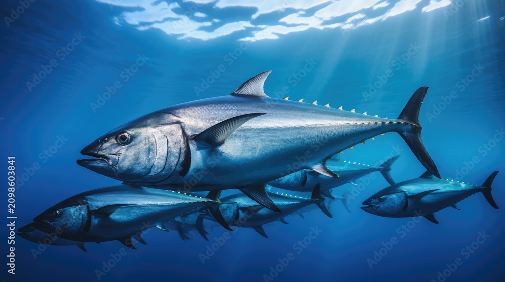 Naklejka premium Bluefin tuna swimming in deep blue ocean waters