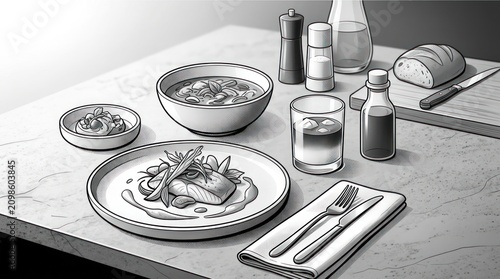 Foto Delicious meal on a table setting.