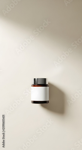 Medicine bottle on white minimalist background.