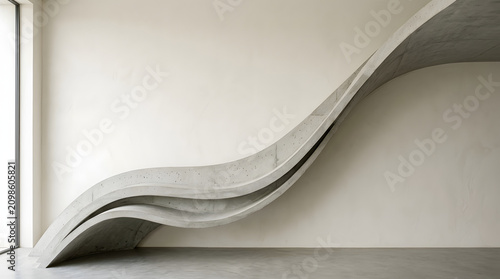Minimalist interior with concrete wavy architectural structure.