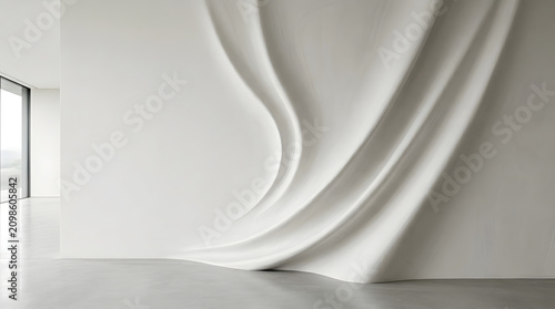 Minimalist living space with large white fluid wall sculpture.