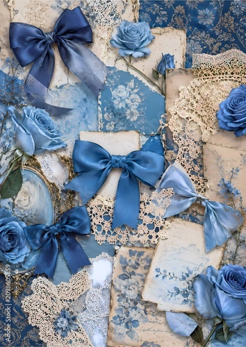 Beautiful blue bows and roses arranged artistically on vintage paper and lace. The delicate textures and soft hues create a romantic and nostalgic aesthetic.