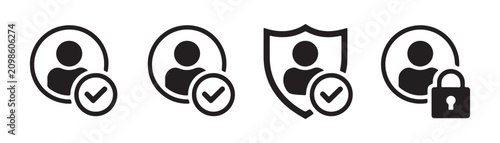 User icon checkmark shield lock symbol profile person avatar isolated on transparent background.