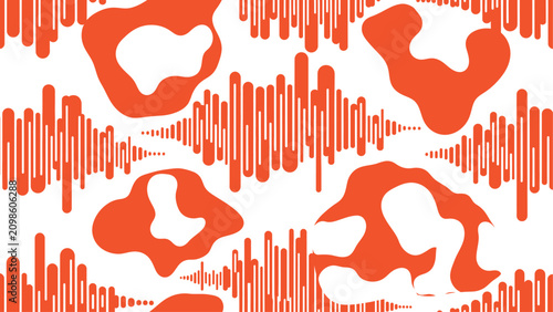 Abstract Seamless Vector Pattern with Orange Sound Waves and Organic Blob Shapes on White Background. Flat vector illustration EPS 10.