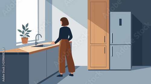Canvas Print Flat design illustration of a woman standing in a kitchen by a sunlit window