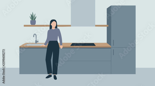 Canvas Print Minimalist illustration of a woman standing in a modern kitchen interior