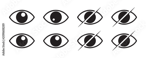Set of black eye icons, web buttons for show and hide password in application.