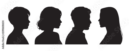 Profile silhouette set of diverse people heads in side view isolated on transparent background vector.
