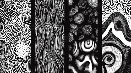 Obraz na płótnie Monochrome Abstract Patterns Featuring Dynamic Swirls and Geometric Textures in