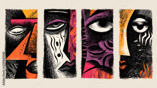 Φωτογραφία Stylized Abstract Portraits Reflecting Diverse Emotions and Expressions in Bold