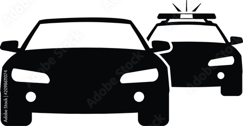 Canvas Print Police car chasing vehicle icon, emergency pursuit symbol illustrating law enforcement, traffic policing, public safety and crime prevention concepts