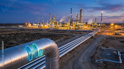Industrial hydrogen production facility in arid landscape with H2 pipeline conveying clean energy for sustainable future transportation and power generation.