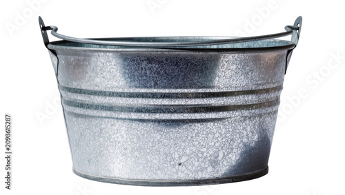 Galvanized metal bucket with wire handle, isolated on transparent background