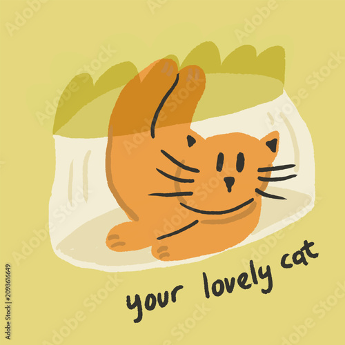 orange cat relaxing on pillow vector illustration. Perfect for greeting card, nursery decor, children's book, planner sticker, scrapbook, branding, packaging, social media and etc
