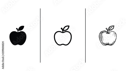 Collection of three different apple illustrations including a solid silhouette line art and sketch
