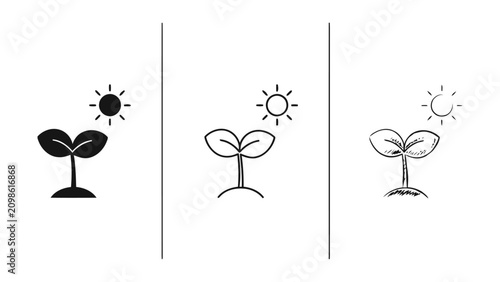 Three distinct seedling growth stages under a stylized sun icon representing different illustration styles