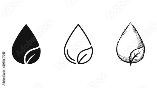Foto Set of three liquid drop icons with leaf symbols representing natural water or e