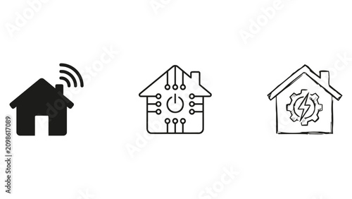 Collection of three vector home icons representing smart home technology and energy efficiency concepts
