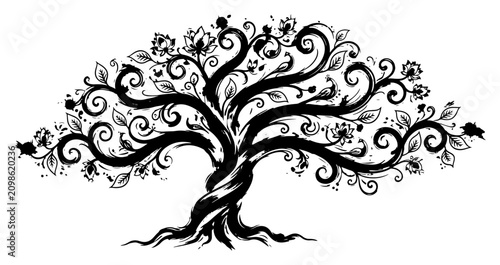 Fotografie Sprawling tree of life with curly branches and blooming flowers in decorative et