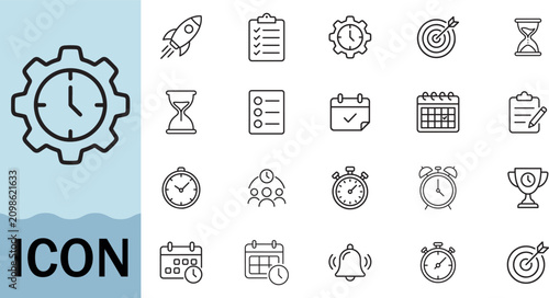 Time management icon set with gear clock and calendar