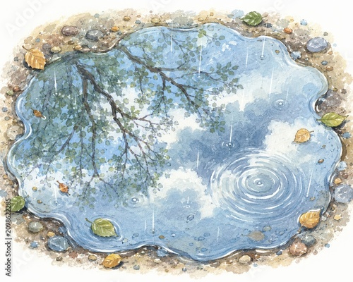 A serene puddle on a gravel path mirrors a cloudy sky and tree branches, with fallen autumn leaves floating on its surface and raindrops creating ripples.