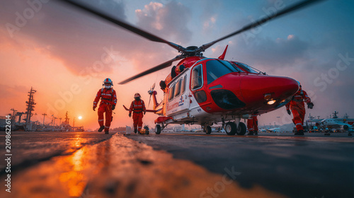 Medical team prepares air ambulance helicopter for emergency rescue mission at sunset