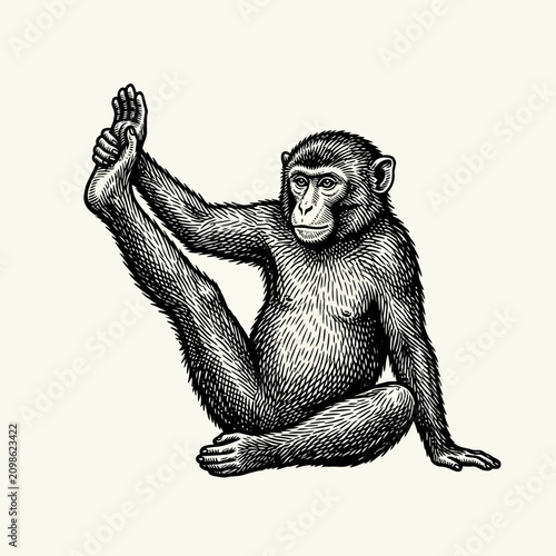 Photography A monkey performing a yoga stretch in detailed black and white