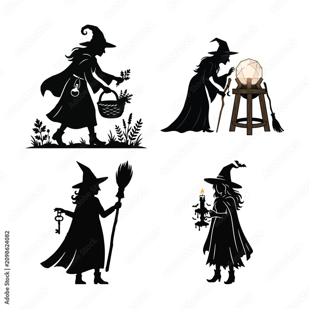 Obraz premium Halloween witch bundle four silhouette designs for spooky season graphics crafts