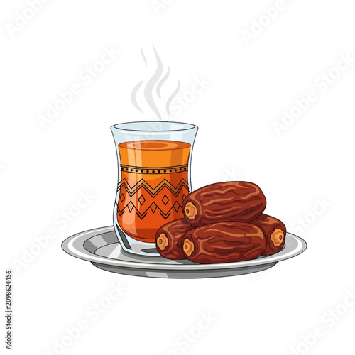 A glass of hot tea served with a small pile of dried sweet fruits on a tray