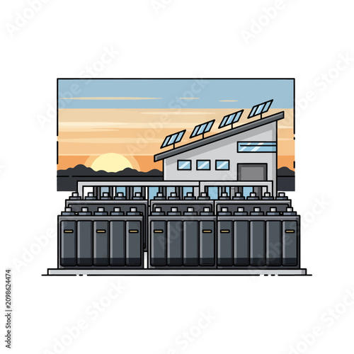 A modern industrial facility with solar panels at sunset