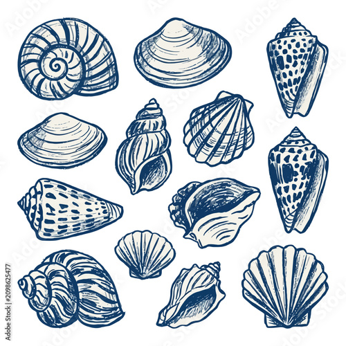 Canvas-taulu Hand-drawn collection of various seashells and marine mollusks