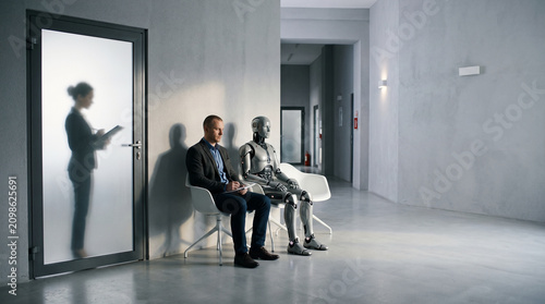 Man and robot wait in office hallway for job interview opportunity