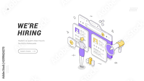 Recruitment and headhunting process isometric banner template. Vector illustration for corporate website section about career opportunities and employment. Searching for a professional candidate
