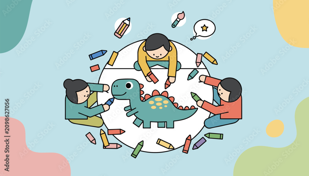 Fototapeta premium Three creative children sitting together at a round table and coloring a large dinosaur drawing with crayons.