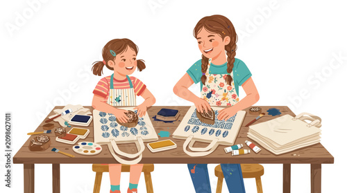 Two young girls creating custom block print patterns on tote bags in an art studio illustration
