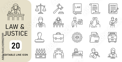Fotografía Law and justice icon set. Editable Legal line icon