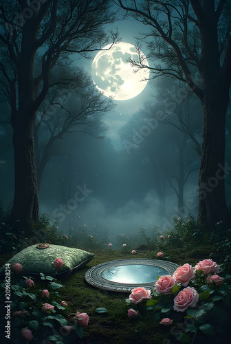 An ornate vintage mirror stands in a dark spooky woods filled with pink roses under the glowing light of a full moon
