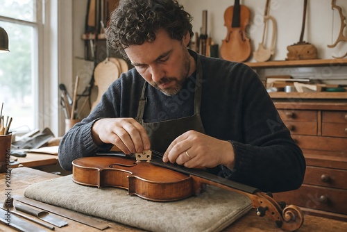Violin maker fitting bridge in instrument workshop