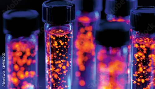 Glowing test tubes with fluorescent particles in laboratory setting