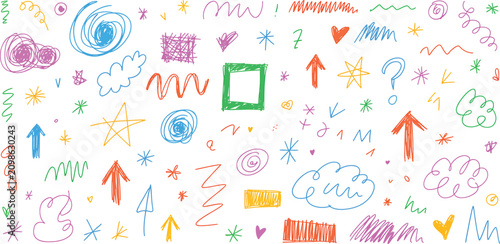 Colorful handdrawn doodle illustrations on white background for design elements