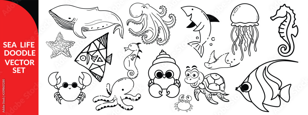 Obraz premium Sea life doodle vector icon set