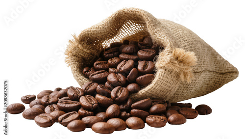 Roasted coffee beans spilling from a burlap sack, isolated on transparent background